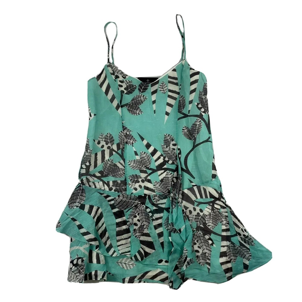 Thakoon Addition Barneys Teal Patterned Silk Linen Tank Dress XS 4961